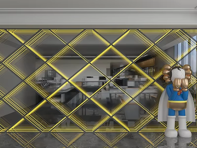 Modern Glass Backdrop Wall With Yellow Diamond Lines And Illuminated Light Strips 3d model