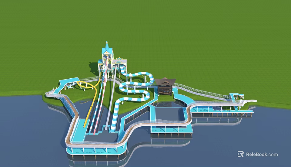 Water Park Amusement Equipment With Multiple Slides Pools And Tower Structure 3d model 