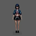 Woman With Blue Hair In Blue Top Red Neckerchief Black Skirt Standing In Mountain Landscape