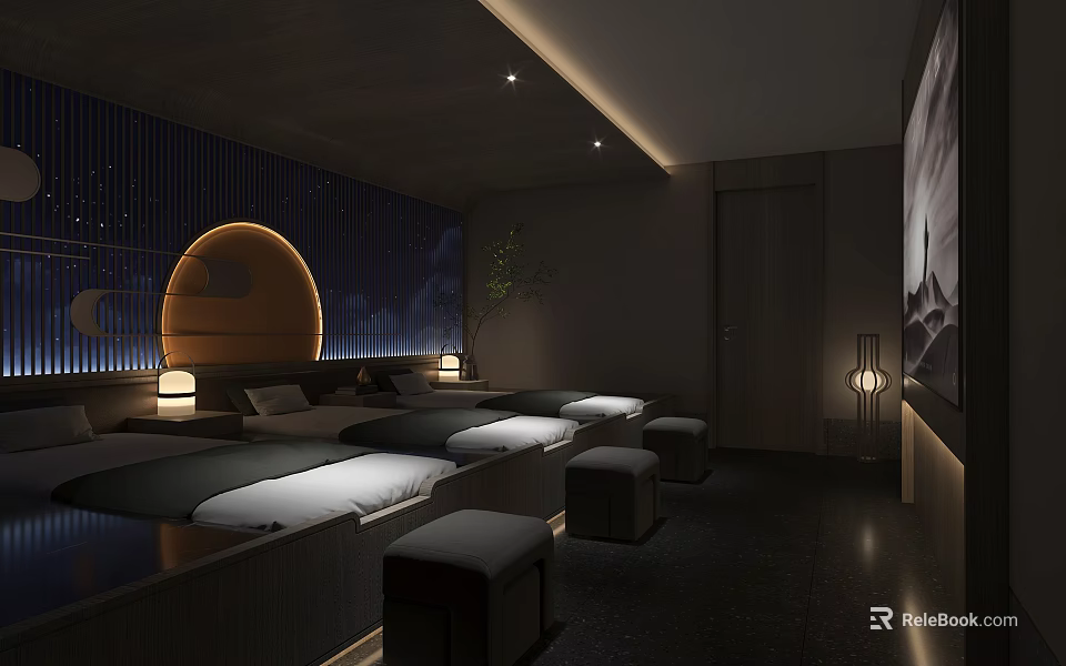 Serene SPA Sauna Interior With Wooden Benches Soft Lighting And Calming Ambiance 3d model 