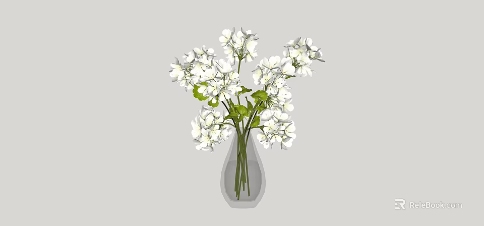 Transparent Glass Vase Holding Fresh White Flowers And Green Leaves 3d model 