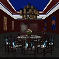 Chinese Style Private Dining Room With Red Walls Blue Ceiling And Round Table 3d model