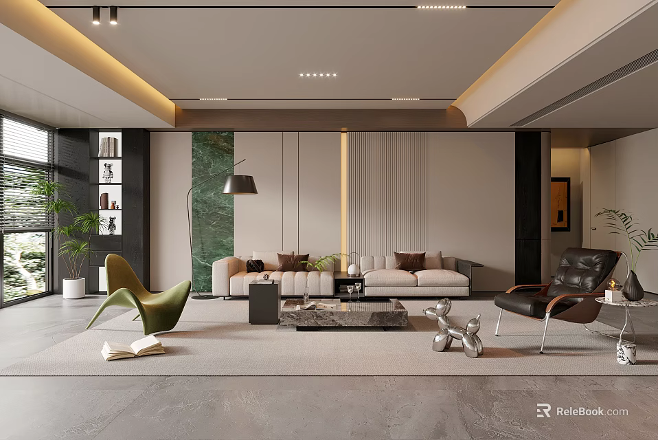 Modern Living Room Interior With Comfortable Sofa Green Chair Coffee Table And Decorative Plants 3d model 