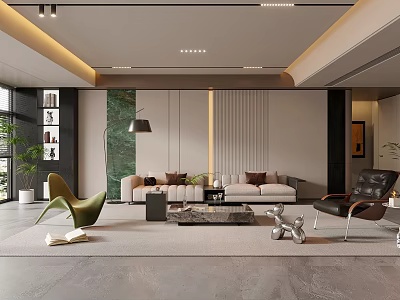Modern Living Room Interior With Comfortable Sofa Green Chair Coffee Table And Decorative Plants 3d model