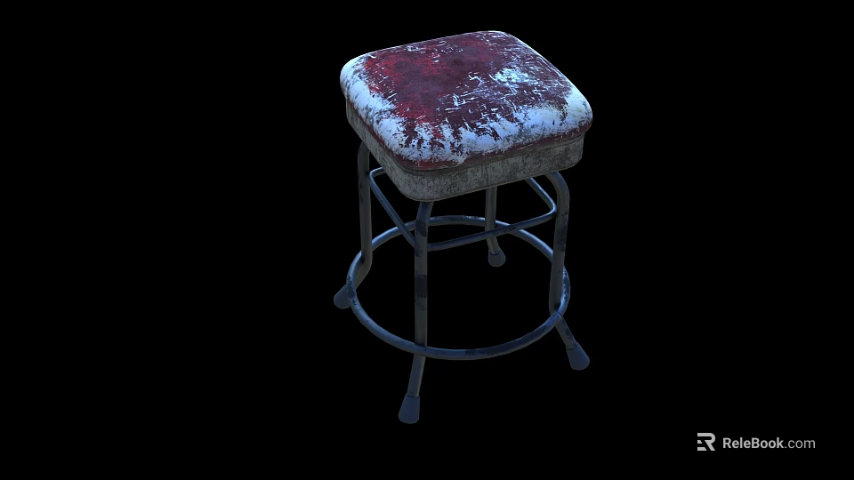 Vintage Worn Red and White Upholstered Bar Stool with Metal Frame 3d model 