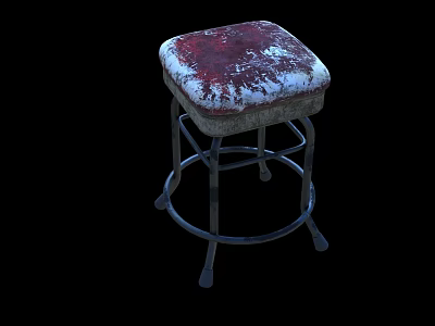 Vintage Worn Red and White Upholstered Bar Stool with Metal Frame 3d model