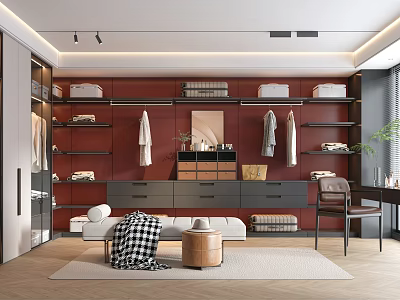 Modern Luxury Walk in Closet with Red Cabinetry Hanging Sections Folded Areas Mirror Sofa and Rug 3d model