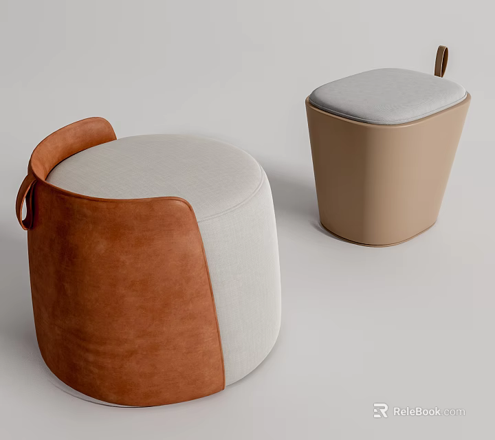 Modern Sofa Stools with Round Beige Fabric Brown Leather and Wooden Handle Design 3d model 