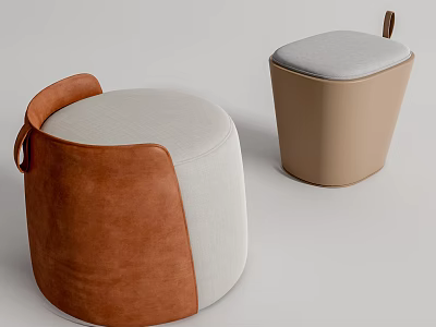 Modern Sofa Stools with Round Beige Fabric Brown Leather and Wooden Handle Design 3d model