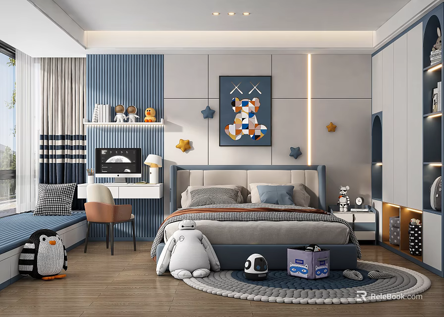 Modern Children's Room Interior With Bed Star Decor Desk Stuffed Toys And Curtains 3d model 