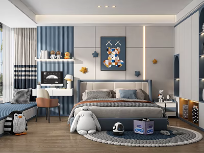 Modern Children's Room Interior With Bed Star Decor Desk Stuffed Toys And Curtains 3d model