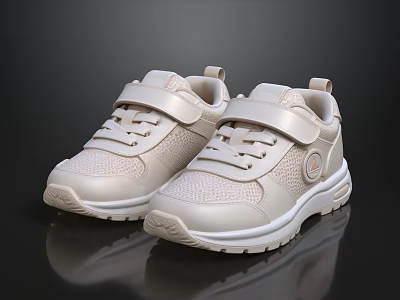 Cream Colored Sneakers With Velcro Straps Laces White Soles And Textured Upper 3d model