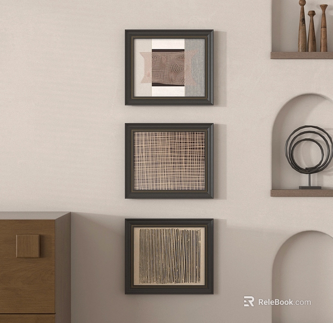 Abstract Paintings Wall Decor With Wooden Cabinet And Circular Ornament 3d model 