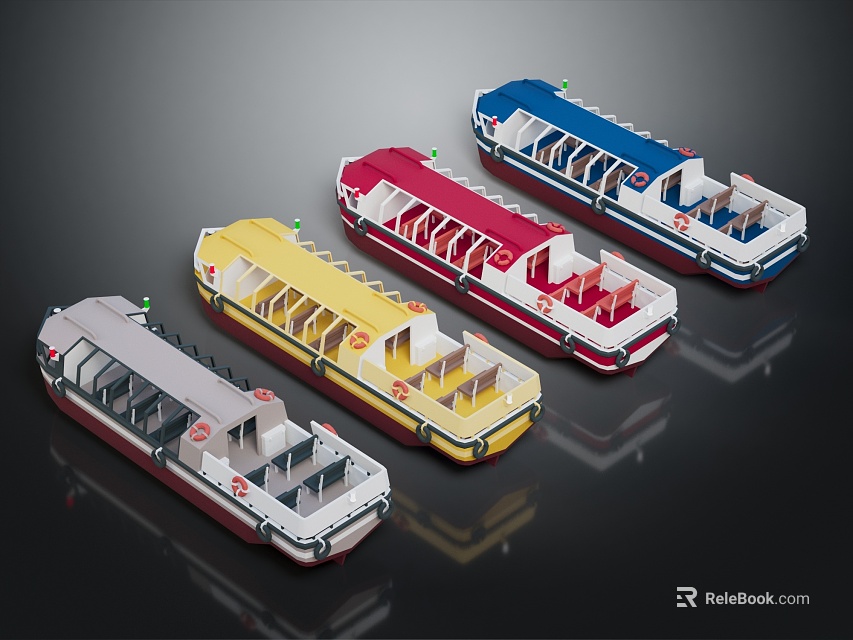 Colorful Modern Yachts Lined Up With Open Seating Areas In Grey Yellow Red And Blue 3d model 