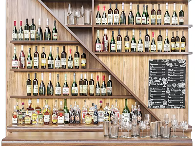 Wooden Bar Shelves Display Various Wine Bottles And Wine Glasses With Chalkboard Menu 3d model