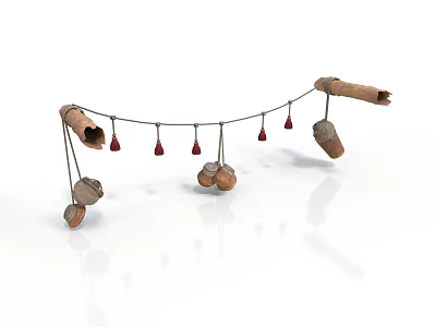 Handmade Wooden Hanging Decoration With Small Fabric Bags And Red Ornaments 3d model