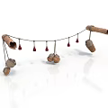 Handmade Wooden Hanging Decoration With Small Fabric Bags And Red Ornaments