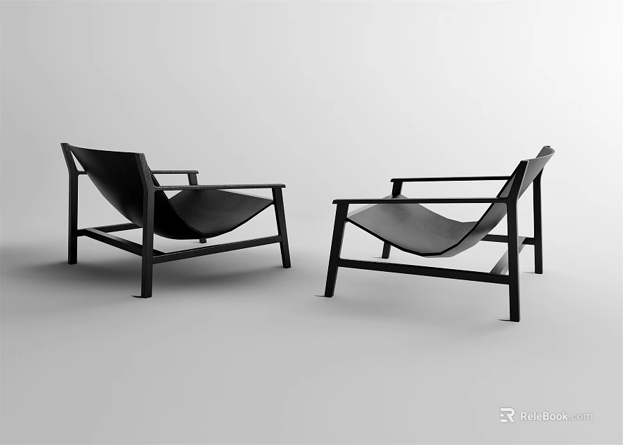 Two Black Leisure Chairs with Modern Wooden Frame and Comfortable Seat in Minimalist Style 3d model 