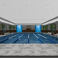 Indoor Swimming Pool With Modern Ceiling Lounge Chairs And Green Plants Lane Lines