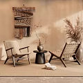 Natural Style Rattan Chairs With Wooden Frame Small Round Table On Rug And Wall Decor