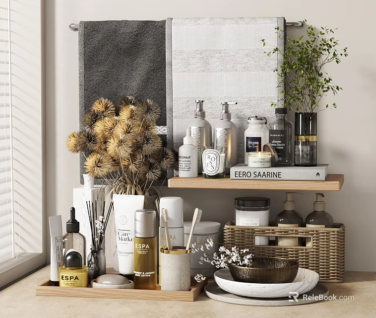 Bathroom Shelf Decorative Ornament Set With Towels Dried Flowers Green Plant Tray And Basket 3d model 