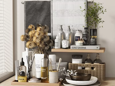 Bathroom Shelf Decorative Ornament Set With Towels Dried Flowers Green Plant Tray And Basket 3d model