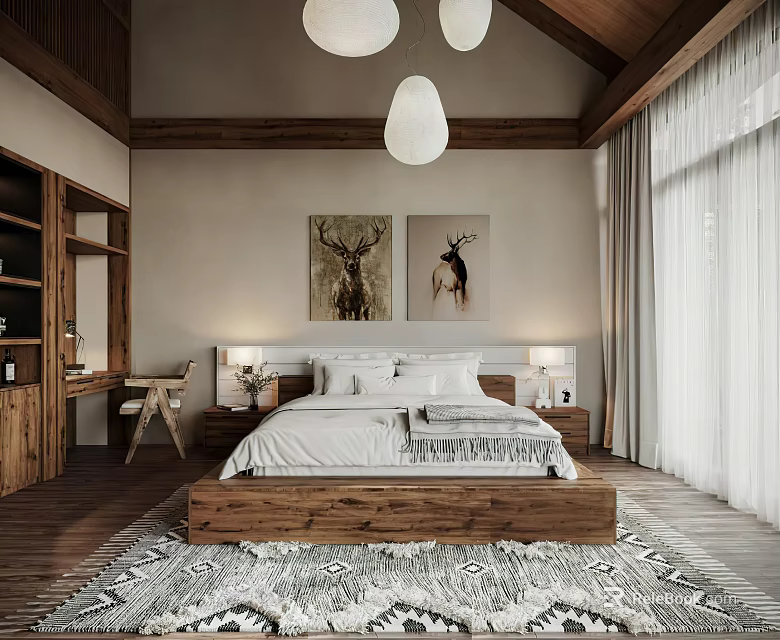 Modern Rustic Bedroom Interior With Wooden Bed Deer Paintings And Geometric Rug 3d model 