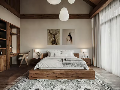 Modern Rustic Bedroom Interior With Wooden Bed Deer Paintings And Geometric Rug 3d model