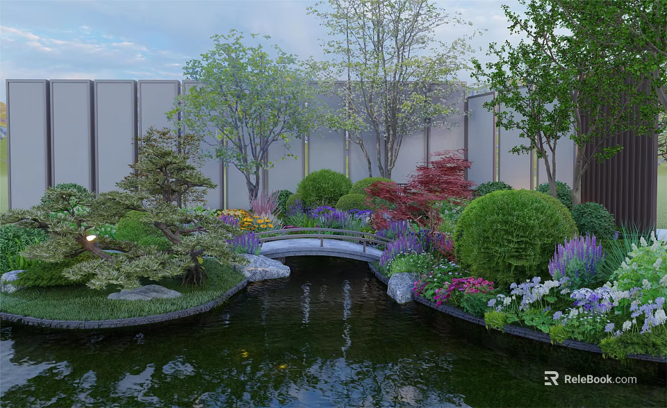 Tranquil Courtyard Garden With Pond Small Bridge Lush Plants And Colorful Flowers 3d model 