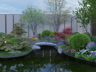 Tranquil Courtyard Garden With Pond Small Bridge Lush Plants And Colorful Flowers 3d model