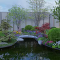 Tranquil Courtyard Garden With Pond Small Bridge Lush Plants And Colorful Flowers