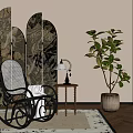 Cozy Living Room Interior With Wicker Rocking Chair Decorative Patterned Screen And Potted Plant