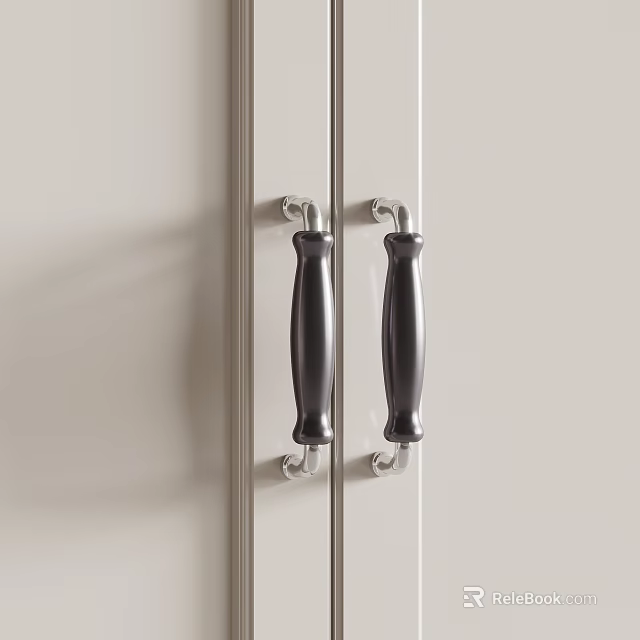 Stylish Black Metal Cabinet Handles With Decorative Design On Modern White Doors 3d model 