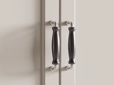 Stylish Black Metal Cabinet Handles With Decorative Design On Modern White Doors 3d model
