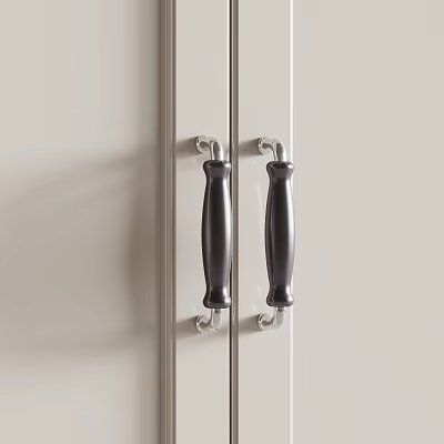 Stylish Black Metal Cabinet Handles With Decorative Design On Modern White Doors 3d model