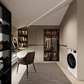Modern Walk In Closet With Shoe Racks Chair And Rug