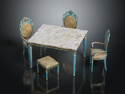 Elegant Dining Table Set With Marble Tabletop Blue Legs And Decorative Upholstered Chairs 3d model