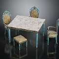 Elegant Dining Table Set With Marble Tabletop Blue Legs And Decorative Upholstered Chairs