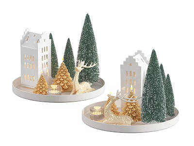 Christmas Themed Decorative Ornament Set with White Houses Green Trees Golden Reindeer and Small Candles 3d model