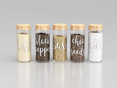 Transparent Glass Spice Jars with Wooden Lids Holding Basil Black Pepper Dill Chia Seeds Salt 3d model