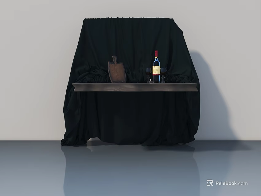 Black Cloth Covered Sofa With Wooden Coffee Table And Wine Bottle Cutting Board 3d model 