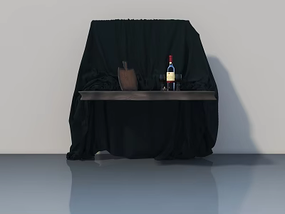 Black Cloth Covered Sofa With Wooden Coffee Table And Wine Bottle Cutting Board 3d model