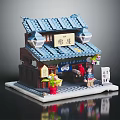 Traditional Japanese Building Model With Blue Tiled Roof Shop Sign And Decorative Figures