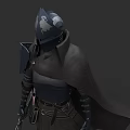 Mysterious Game Movie Character With Hooded Helmet Cloak And Armored Outfit