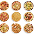 Assorted Pizza Varieties With Different Toppings Cheesy Crusts And Sliced Pieces