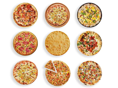 Assorted Pizza Varieties With Different Toppings Cheesy Crusts And Sliced Pieces 3d model