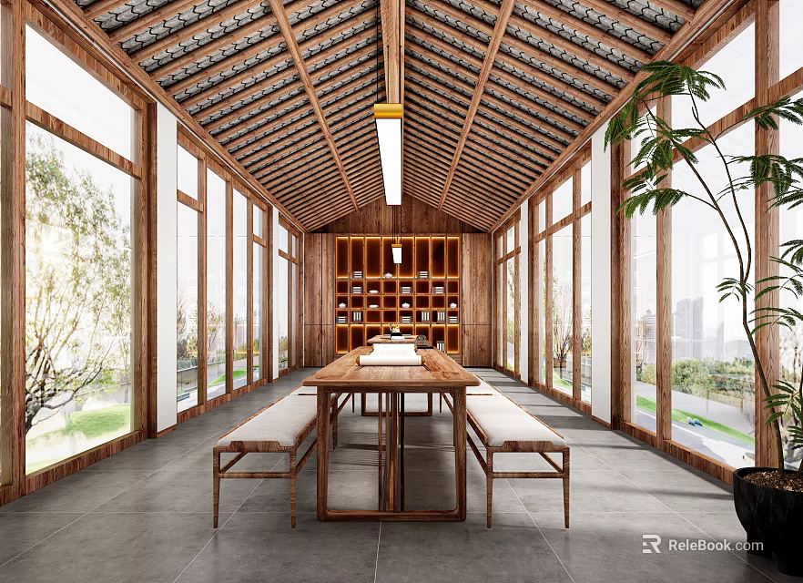 Natural Book Art Space Design With Wooden Roof Long Table And Green Plants 3d model 
