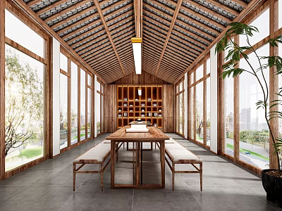 Natural Book Art Space Design With Wooden Roof Long Table And Green Plants 3d model