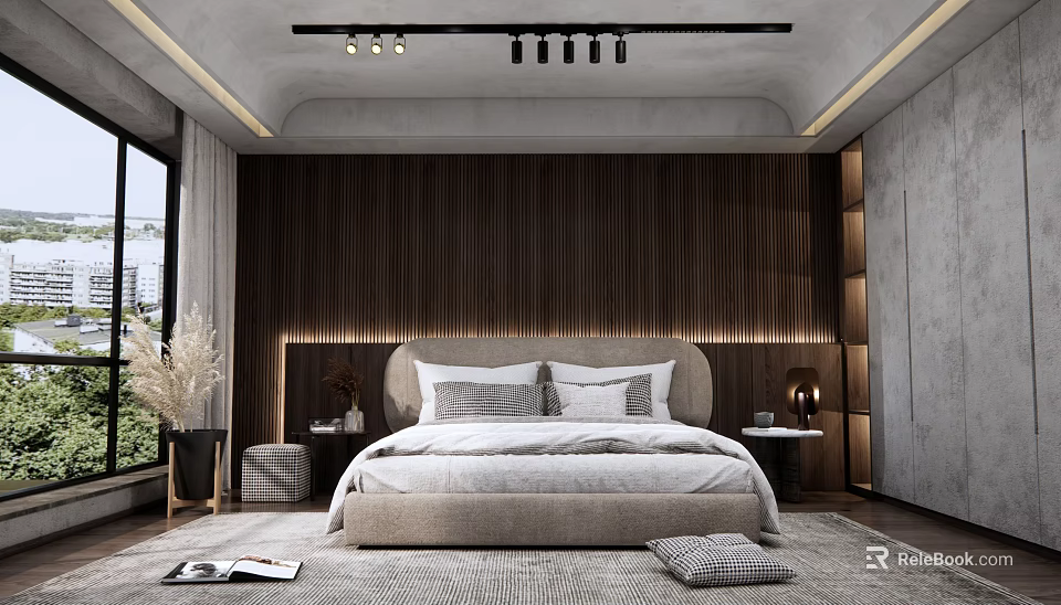 Modern Bedroom Interior With Wooden Accent Wall Cozy Bed Lighting Strips Nightstands And Area Rug 3d model 