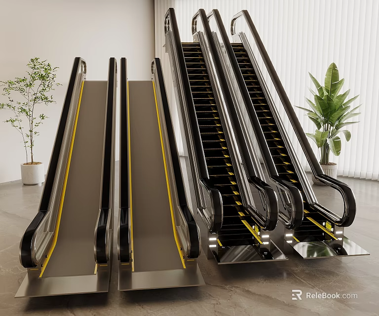 Modern Escalator With Sleek Metal Frame Yellow Safety Lines And Indoor Green Plants Design 3d model 